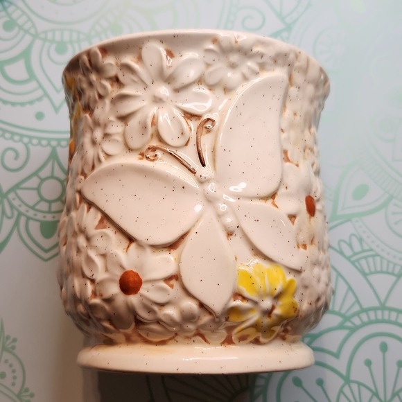 Vintage Cookie Jar Canister Flowers Daisy Butterfly Cream Orange Yellow Brown - Picture 4 of 12